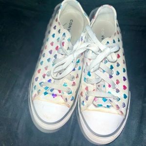 White converse all stars with holographic hearts